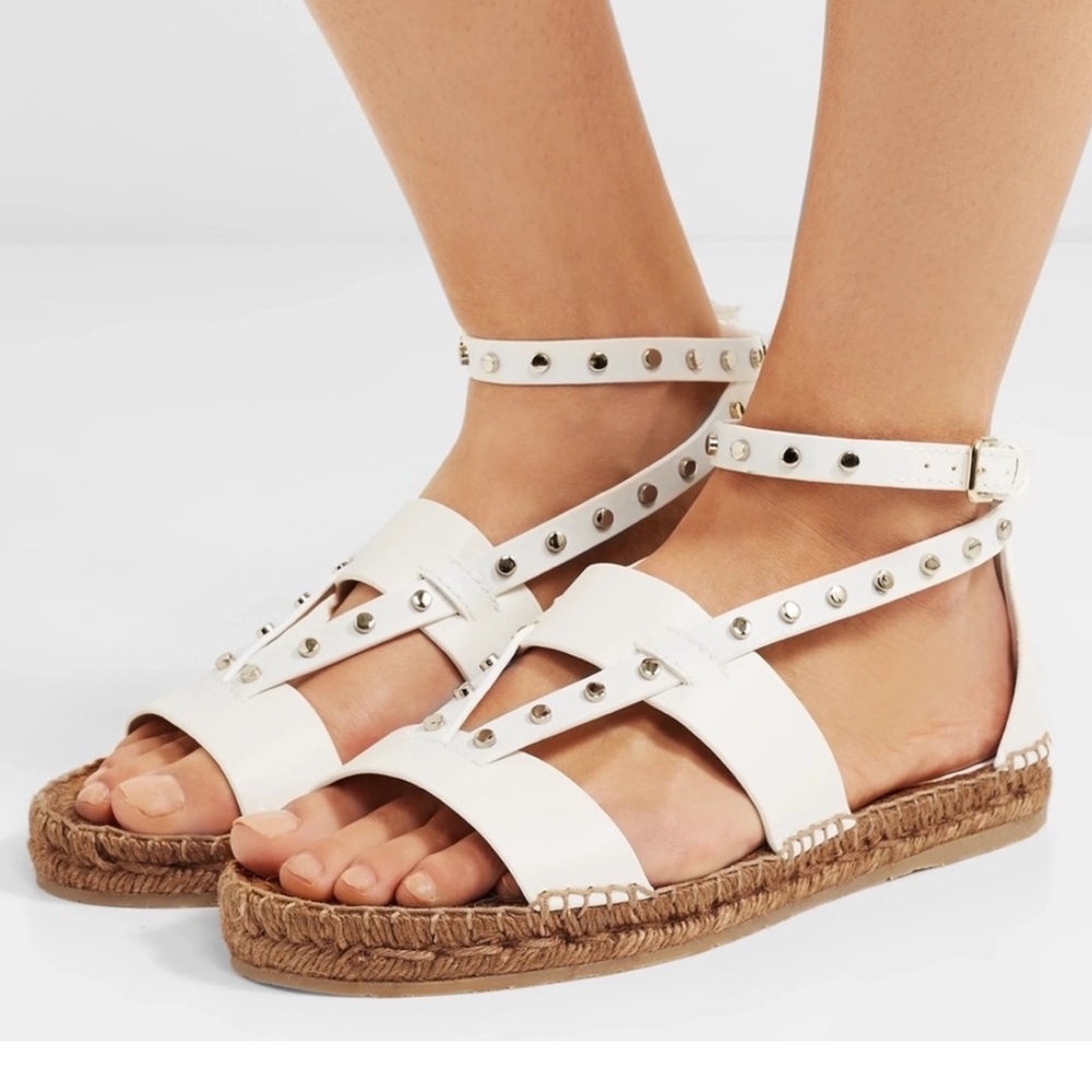 JIMMY CHOO Denise White Studded Leather Espadrille Sandals, 38.5 EU
